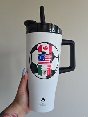 White Soccer Travel Tumbler with Flag Graphic By Wellness